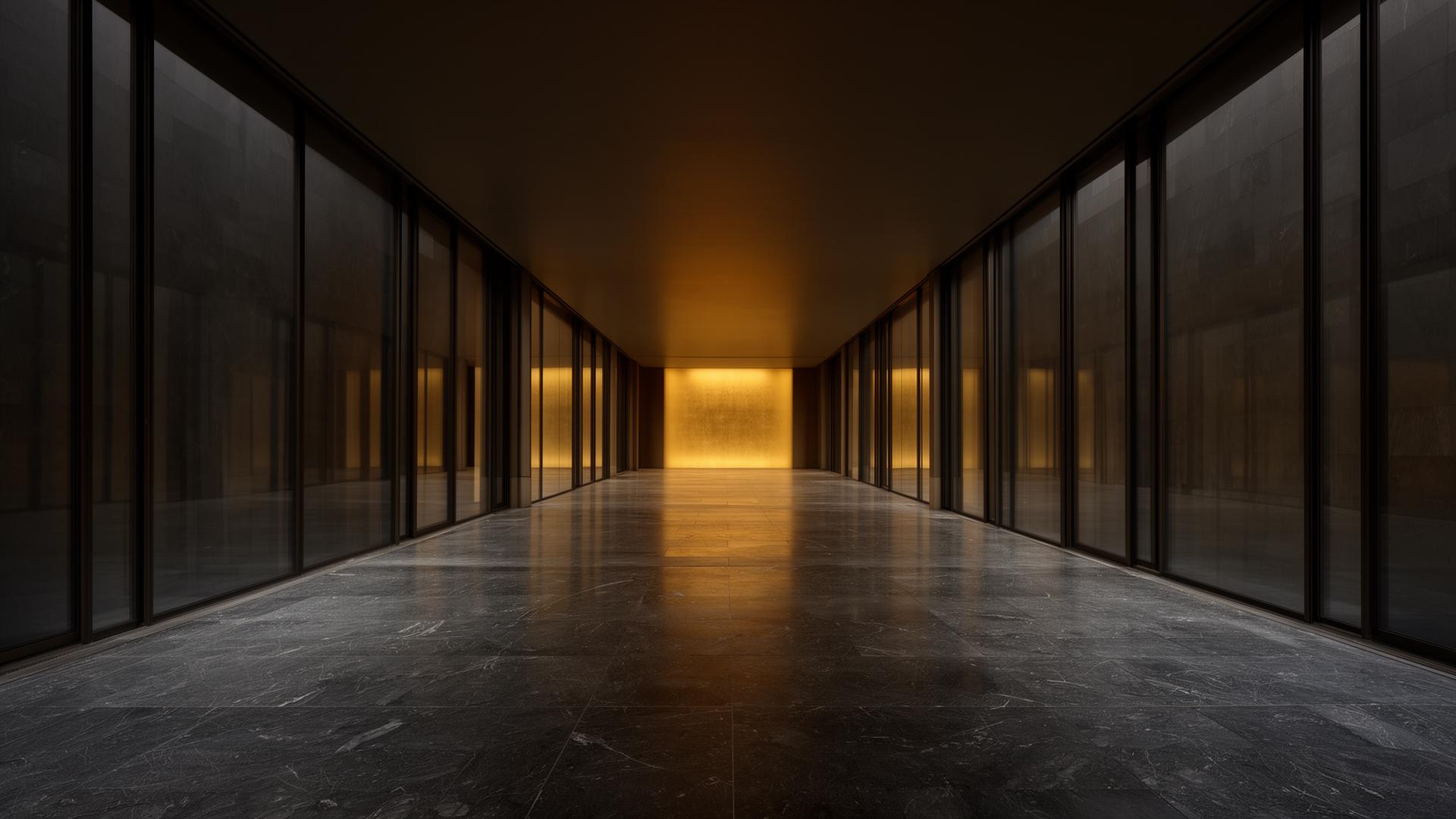 An empty modernist corridor reflecting warm gold light at its vanishing point.