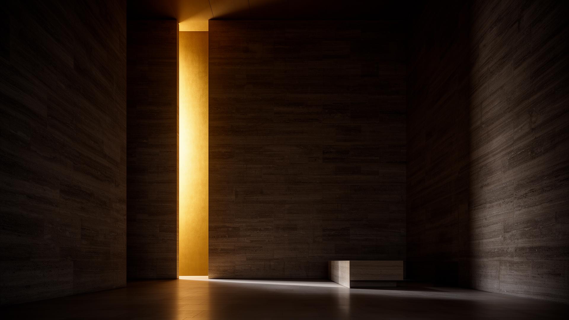 A monumental architectural interior bathed in a single shaft of warm golden light.