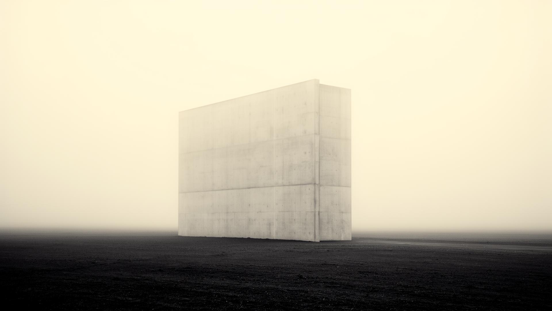 A minimal monolithic concrete monument standing in a vast empty landscape.